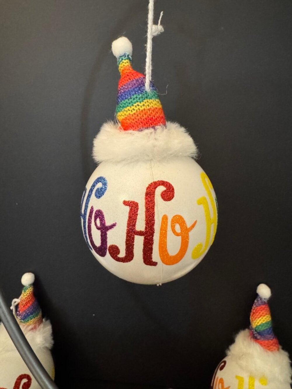 Rainbow Glitter Ho Ho Ho Christmas Ornament With Knit Hat & Faux Fur Trim -12